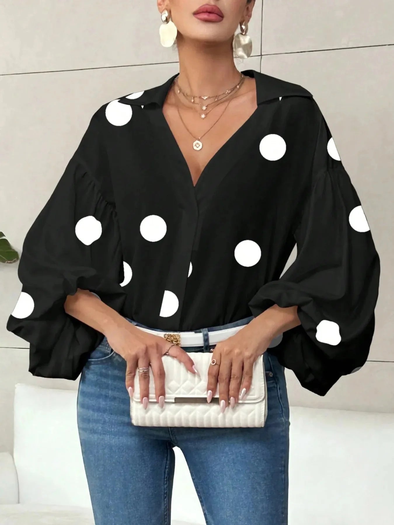 Oversized Polka Dot Balloon Sleeve Blouse