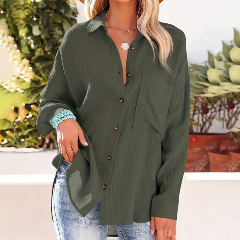 Women's Solid Color V-Neck Long Sleeve Blouse - Textured Button-Up Shirt, Casual & Minimalist Top For Spring&Fall