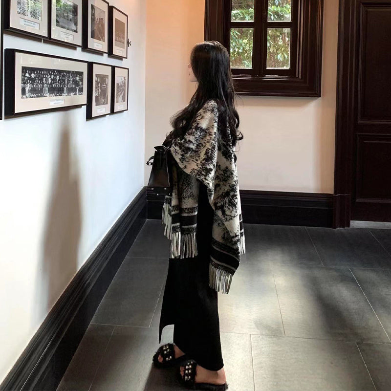 Ink Painting Double-sided Shawl Outer Match Women's Autumn And Winter Retro High Sense