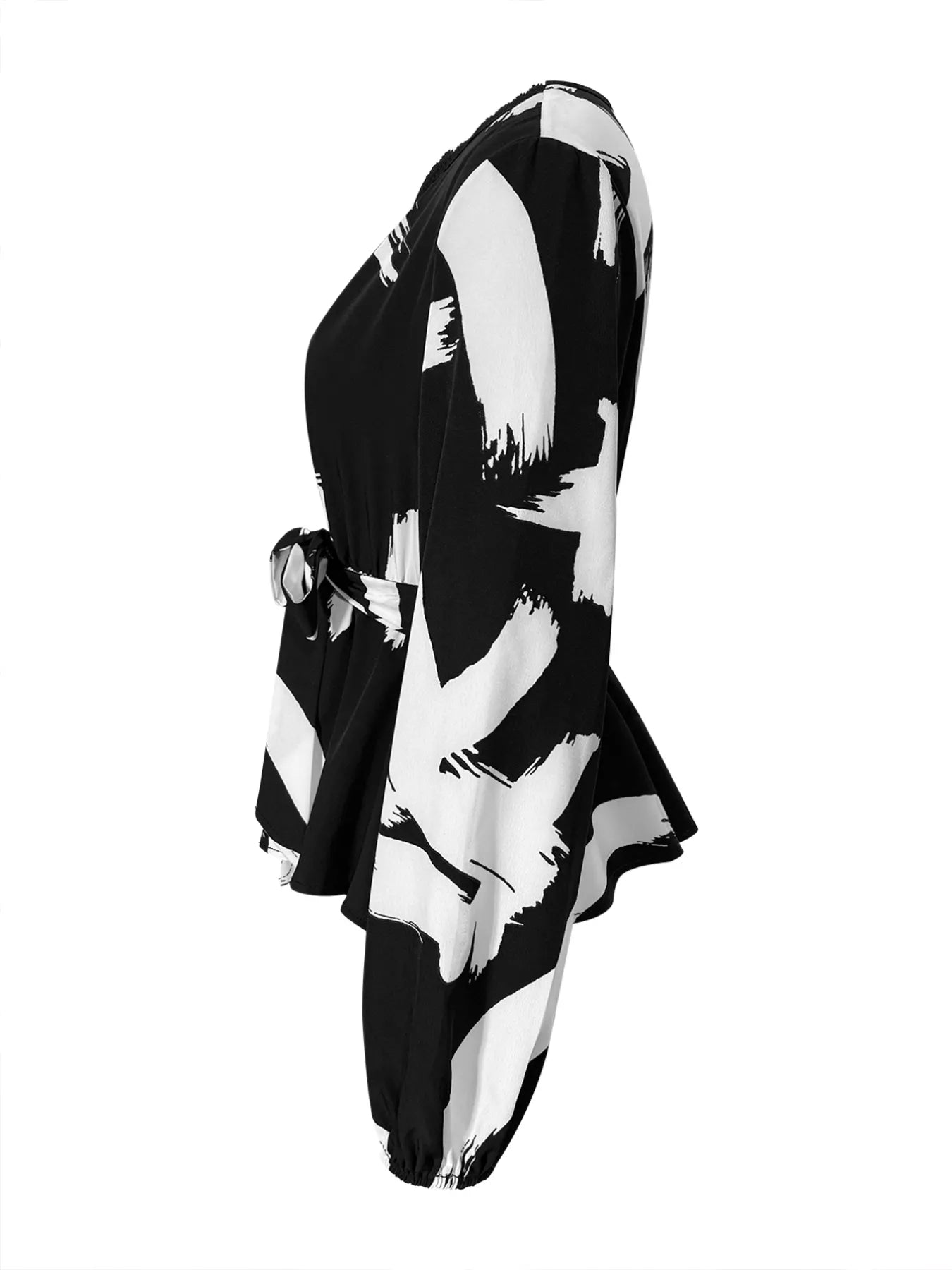 Black Tie Waist Long Sleeve Blouse