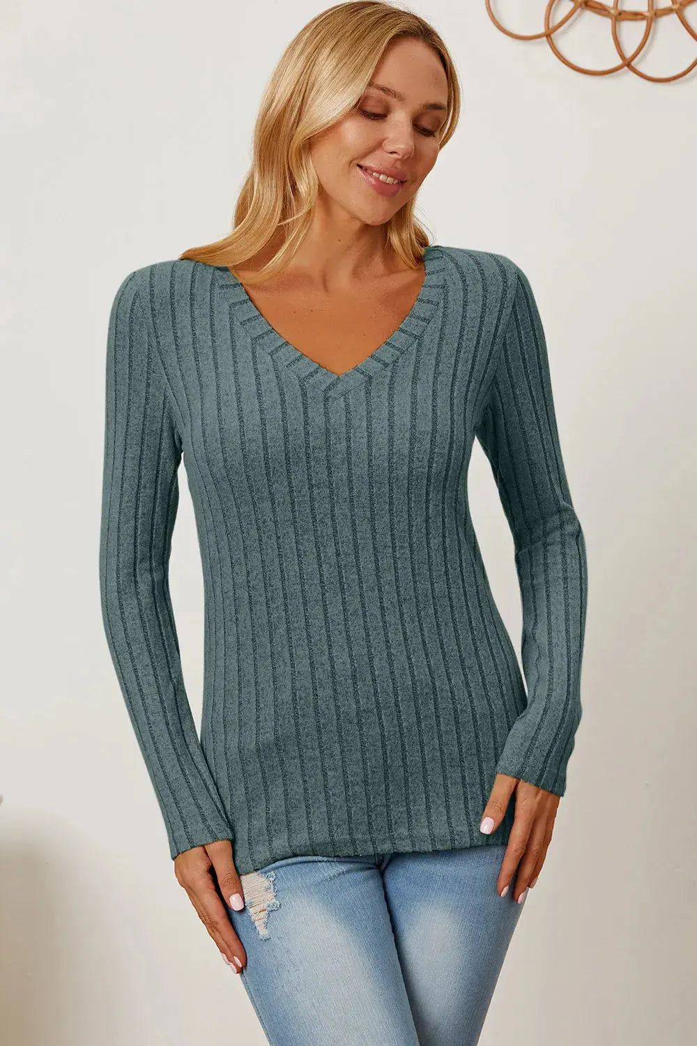 Basic Bae Full Size Ribbed V-Neck Long Sleeve T Shirt for Women
