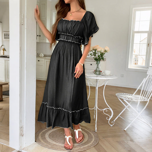 Leisure Vacation Style Stringy Selvedge Short Sleeve Dress
