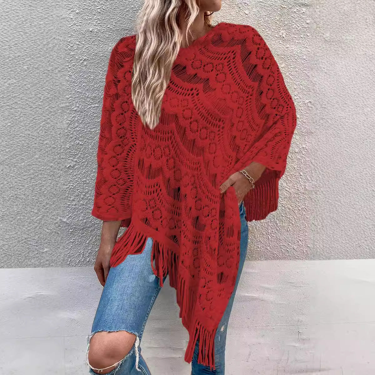 Women's Knitted Crocheted Hollow Irregular Tassel Pullover Sweater