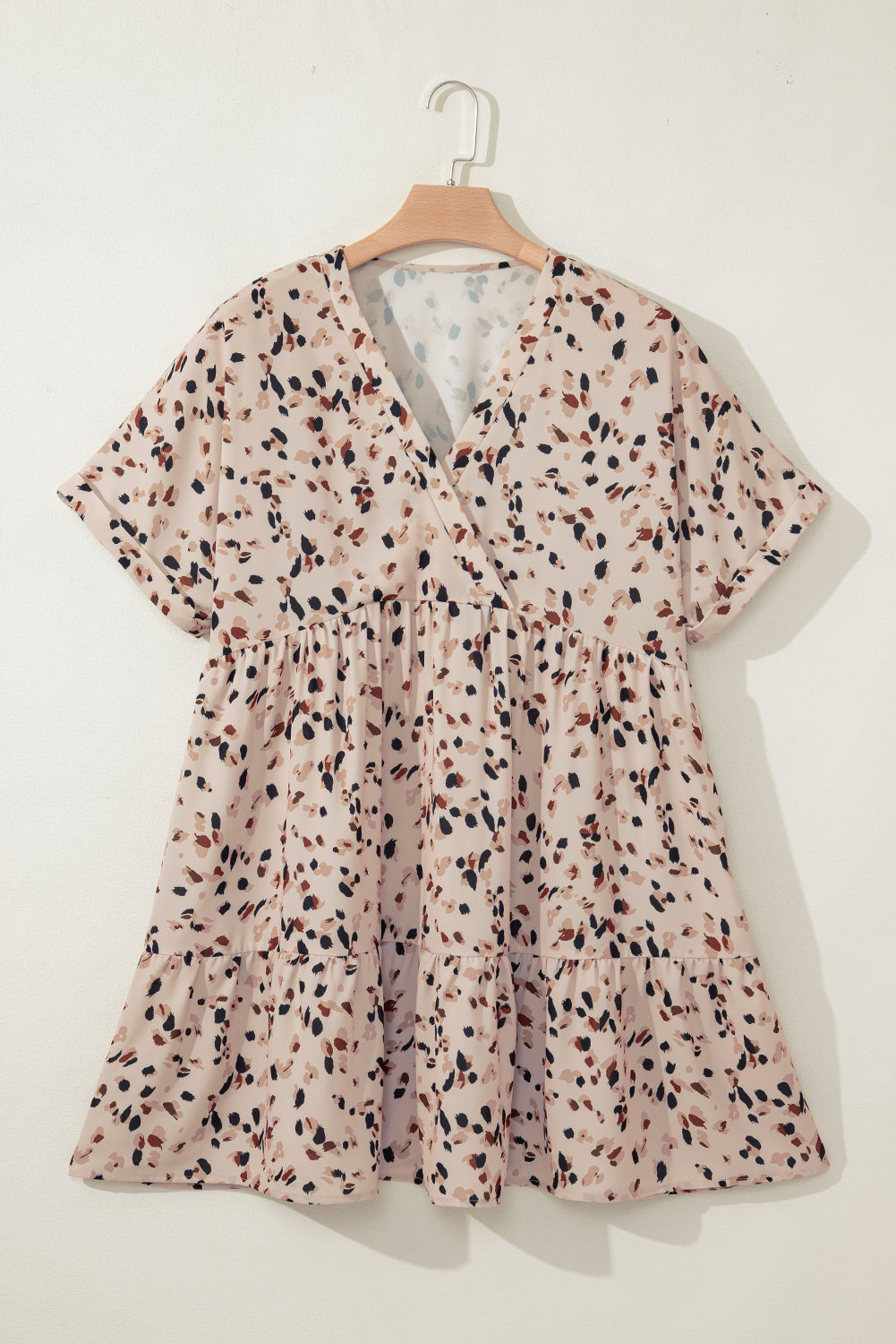 Beige Abstract Print Surplice V Neck Cuffed Sleeve Empire Waist Plus Size Dress