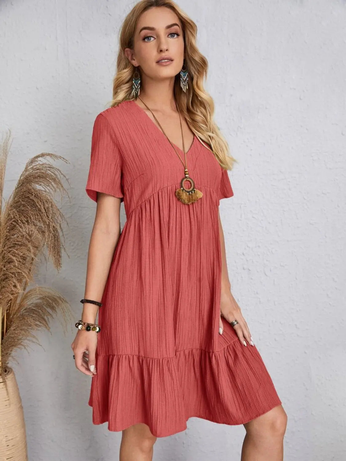 Boho Textured V-Neck Short Sleeve Babydoll Dress