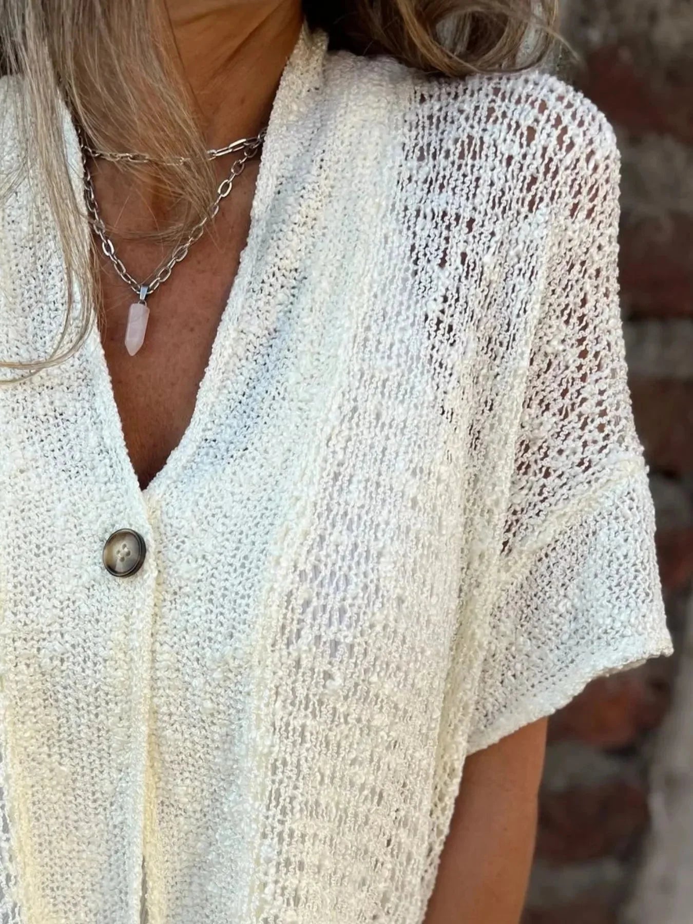 Full Size Knit Openwork One Button Cardigan