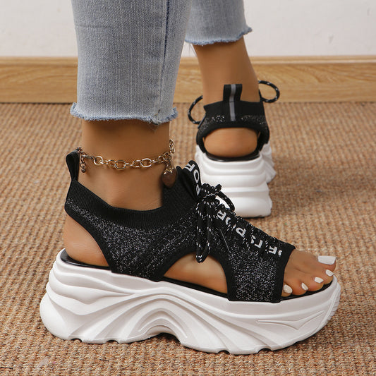 Women's Shoes Fashion Hollowed-out Mid Heel Mesh Sports Platform Sandals
