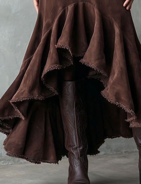 Western Brown High-Low Eco Suede Ruffle Maxi Skirt