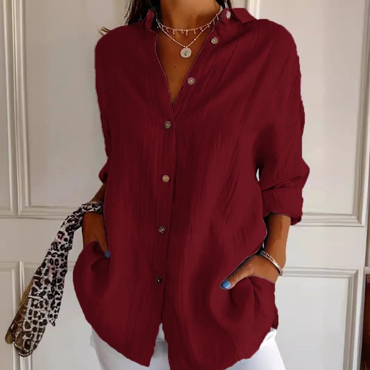 Lapel Long Sleeve Shirt Women's Single-breasted Pleated Shirt