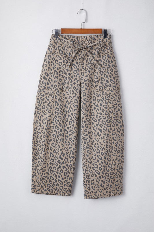 Leopard Drawstring Elastic Waist Pocketed Jeans