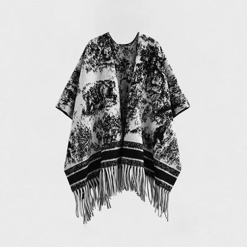 Ink Painting Double-sided Shawl Outer Match Women's Autumn And Winter Retro High Sense