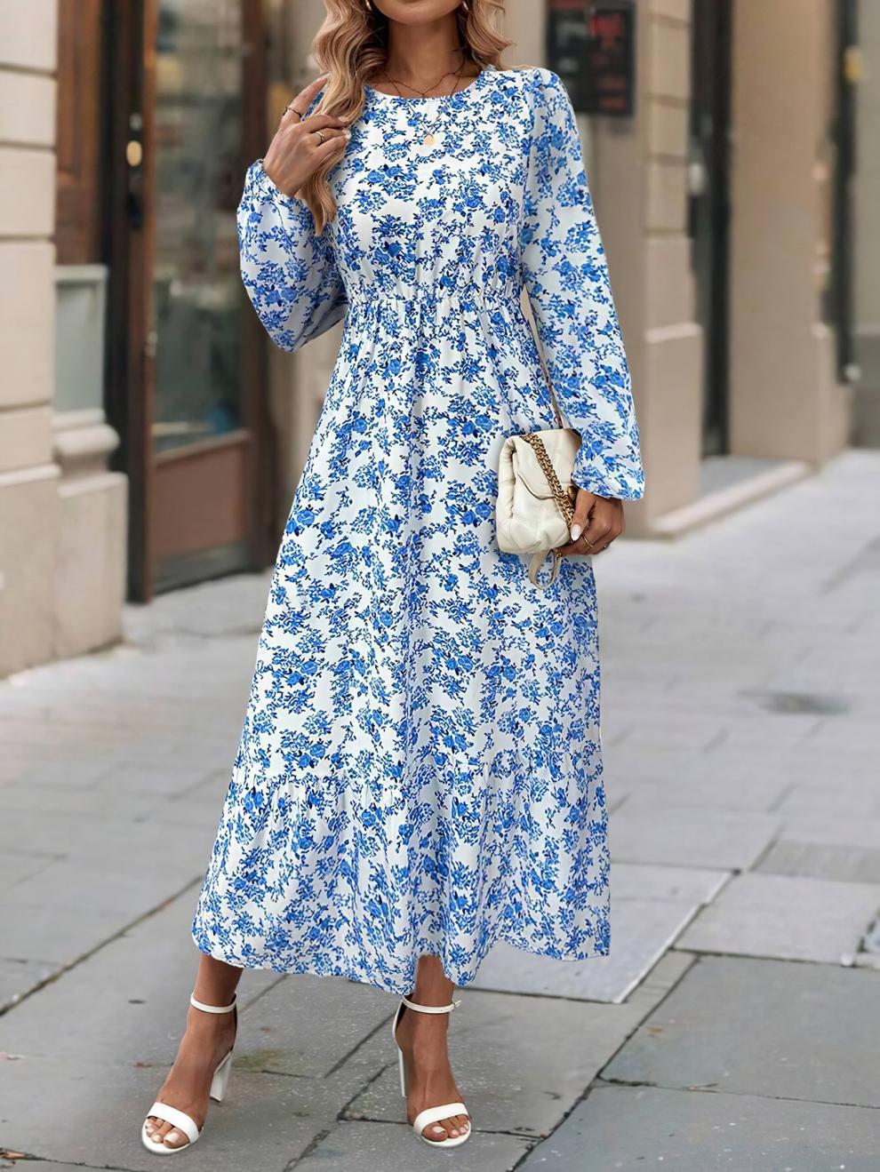 Women's New Printed Round Neck Long Sleeve Ruffled Dress