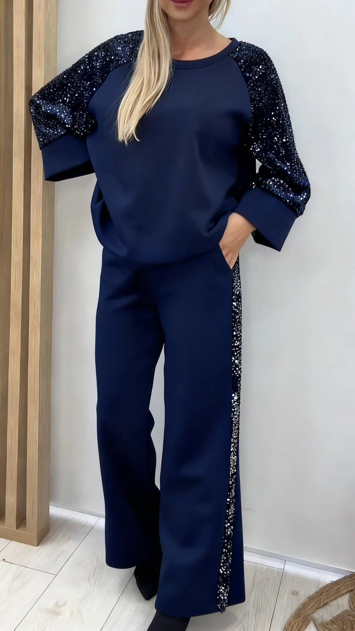 Sequined Patchwork Long-Sleeve Crew-Neck Sweatshirt And Sweatpants Set