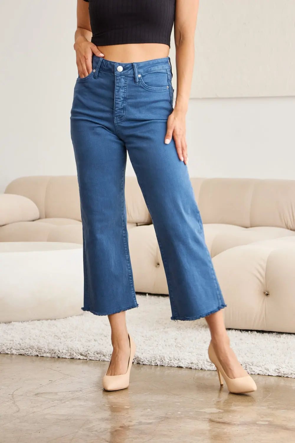 RFM Crop Full Size Tummy Control High Waist Raw Hem Jeans