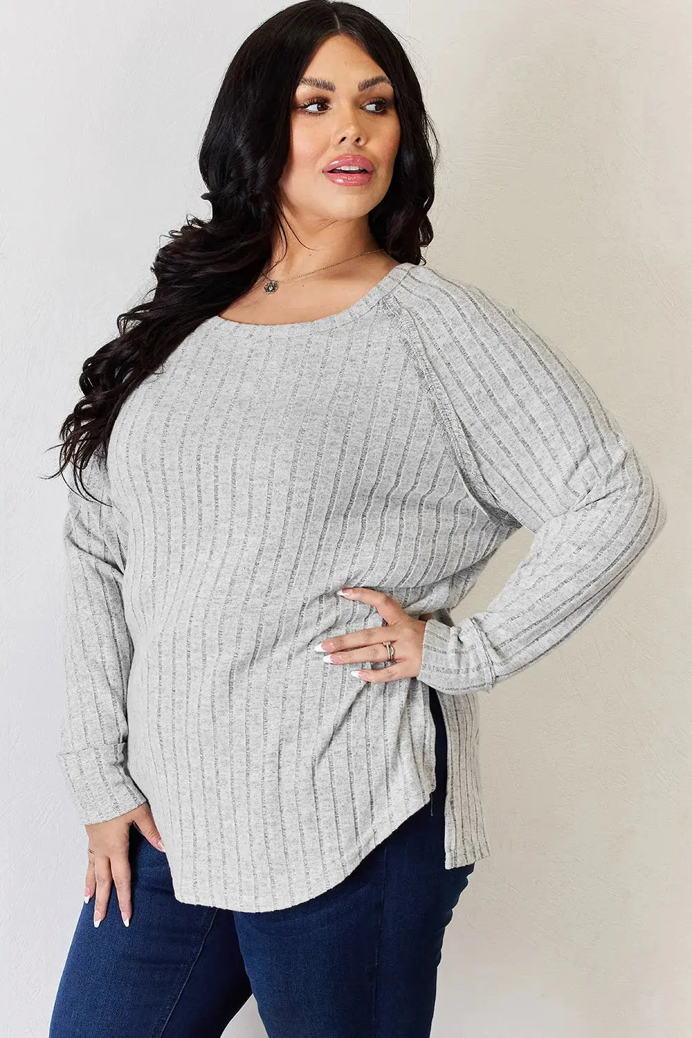 Basic Bae Ribbed Round Neck Slit Womens Long Sleeve T Shirt – Full & Plus Size