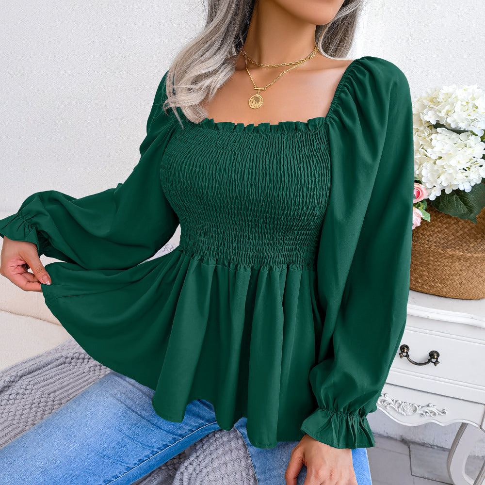 Women's Solid Color Casual Ruffle-trimmed Square-neck Long-sleeve Top