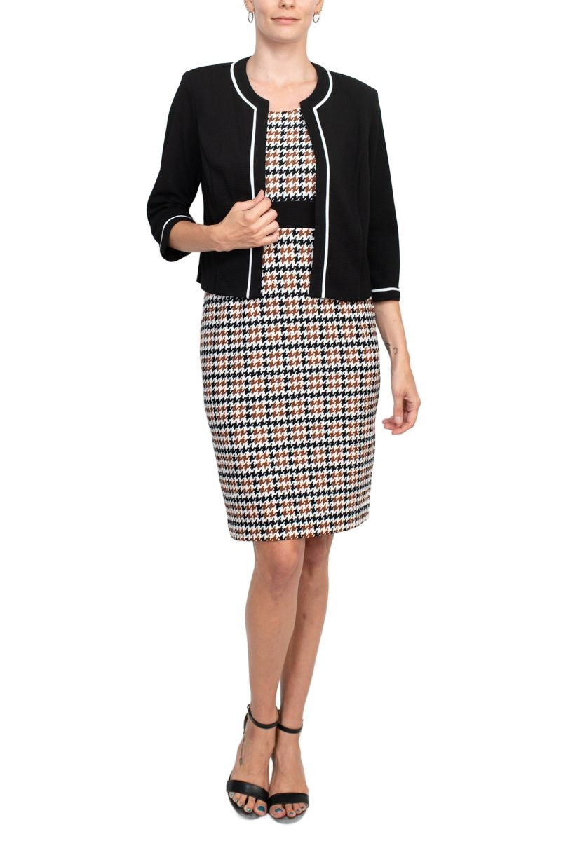 Studio One Scoop Neck Sleeveless Bodycon Chevron Pattern Knit Dress with ¾ Sleeves Open Front Jacket