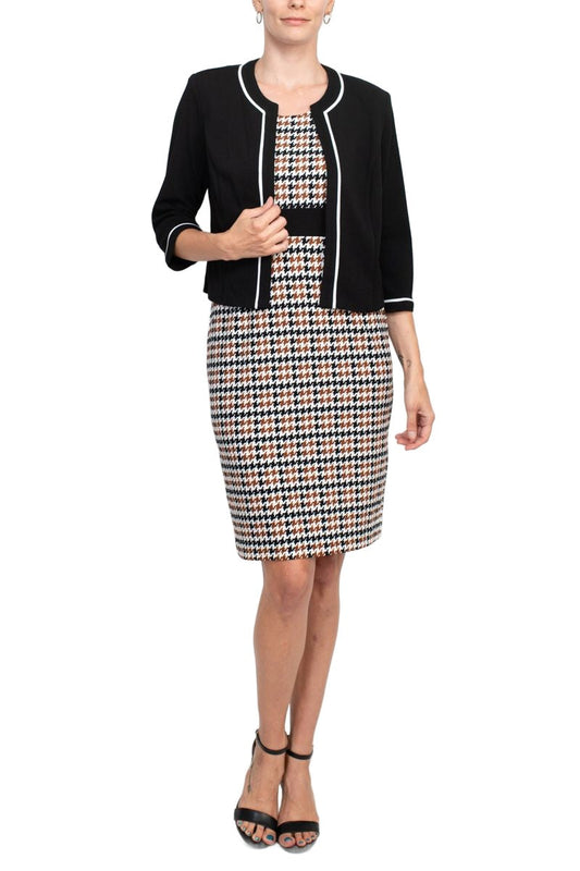 Studio One Scoop Neck Sleeveless Bodycon Chevron Pattern Knit Dress with ¾ Sleeves Open Front Jacket