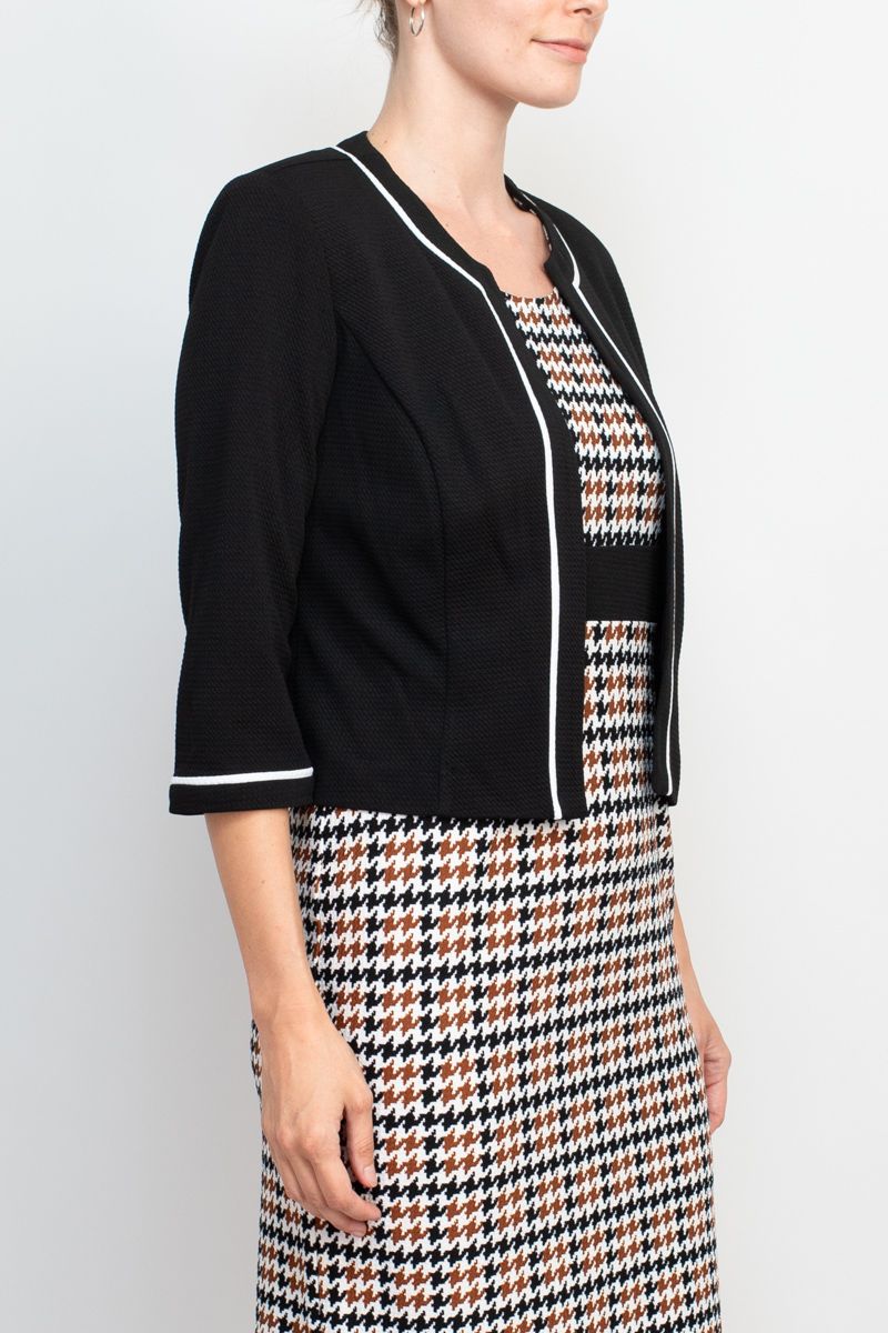 Studio One Scoop Neck Sleeveless Bodycon Chevron Pattern Knit Dress with ¾ Sleeves Open Front Jacket