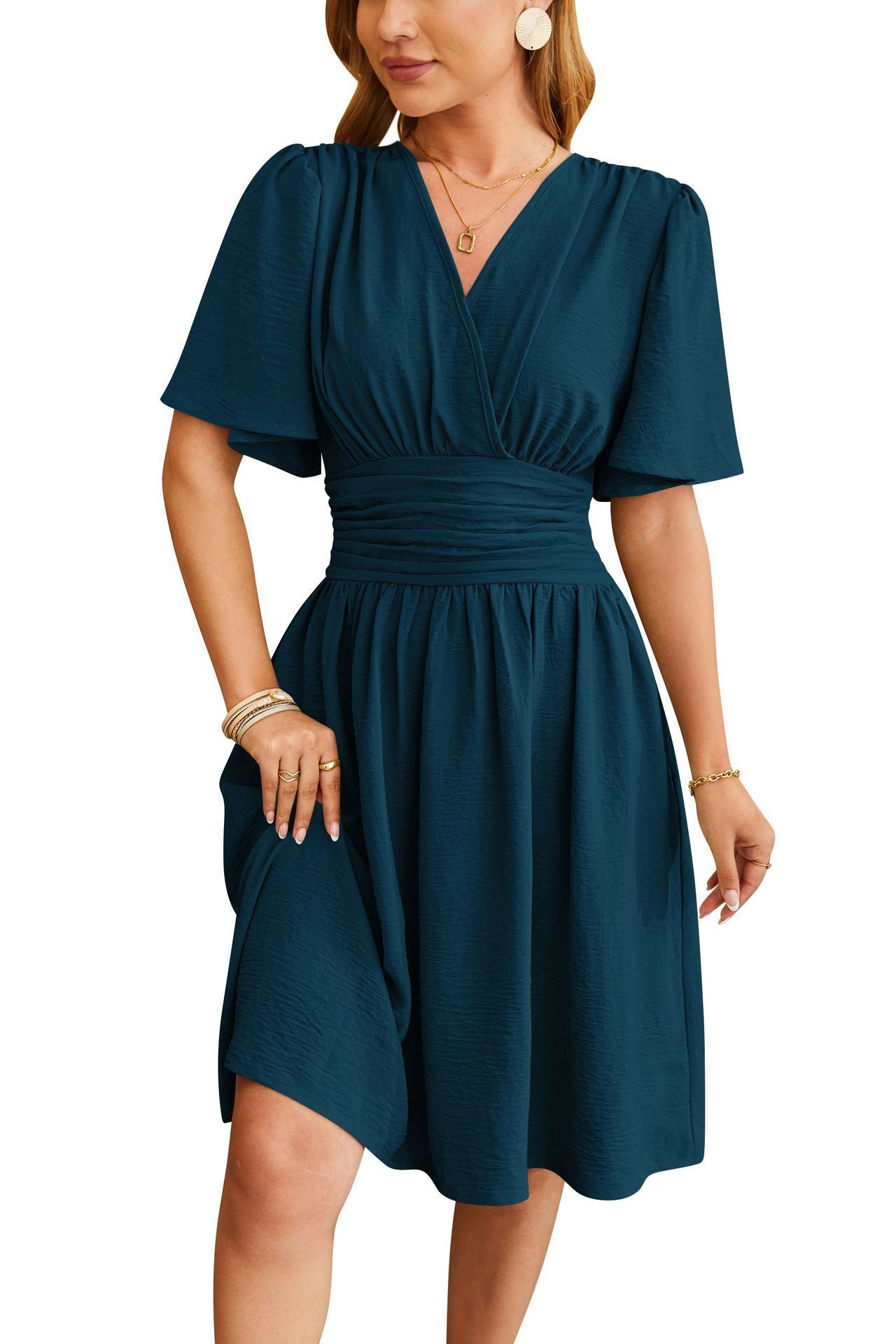V-neck Fitted Waist Flare-sleeve Fashion Dress Women