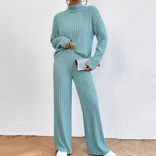 r Leisure Turtleneck Knitting Long-sleeve Suit Women's Sweater Loose Trousers Two-piece Set