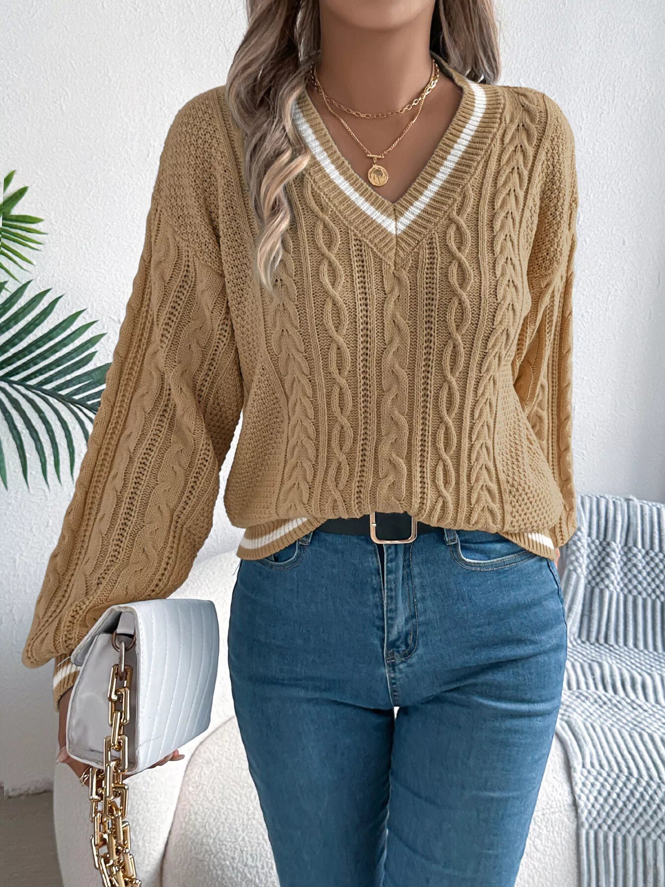 V-Neck Cable Knit Long Sleeve Sweater