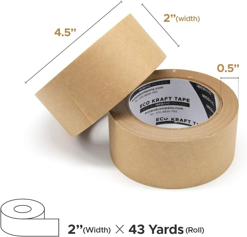 Eco Kraft Paper Packing Tape – 2" x 43 Yards Brown Writable Masking Tape – Heavy Duty, Recyclable, Tearable by Hand – Strong Adhesive for Shipping, Moving, Crafting & Storage