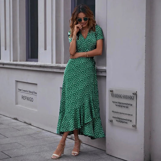 V-neck Chiffon Printed Ruffles Tied Dress