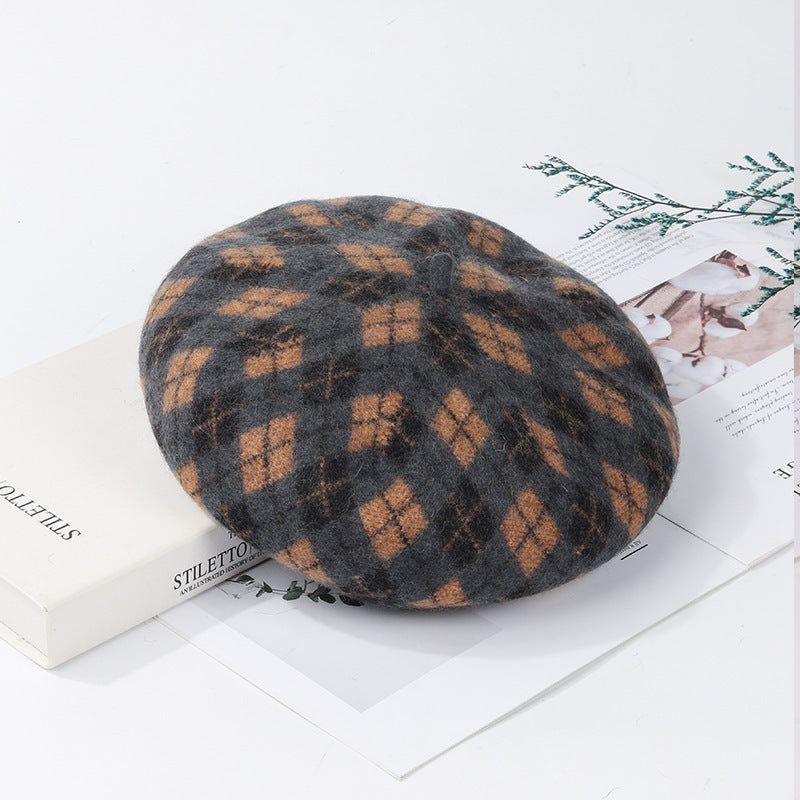 Autumn And Winter Wool Plaid Beret Retro Easy Matching Woolen