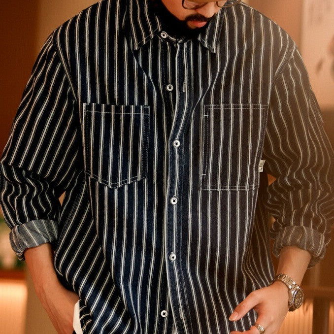 Men's Retro Casual Denim Striped Shirt