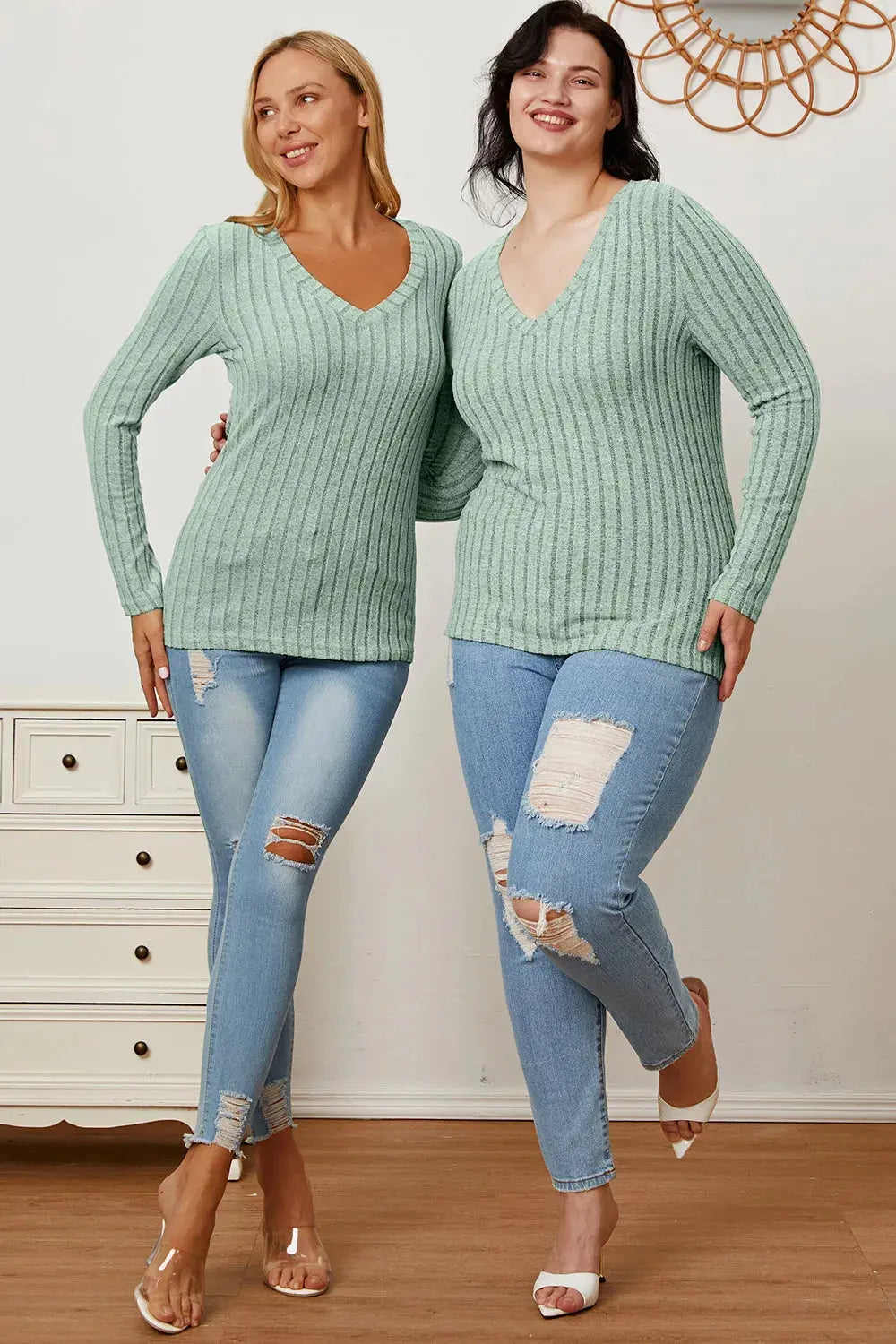 Basic Bae Full Size Ribbed V-Neck Long Sleeve T Shirt for Women