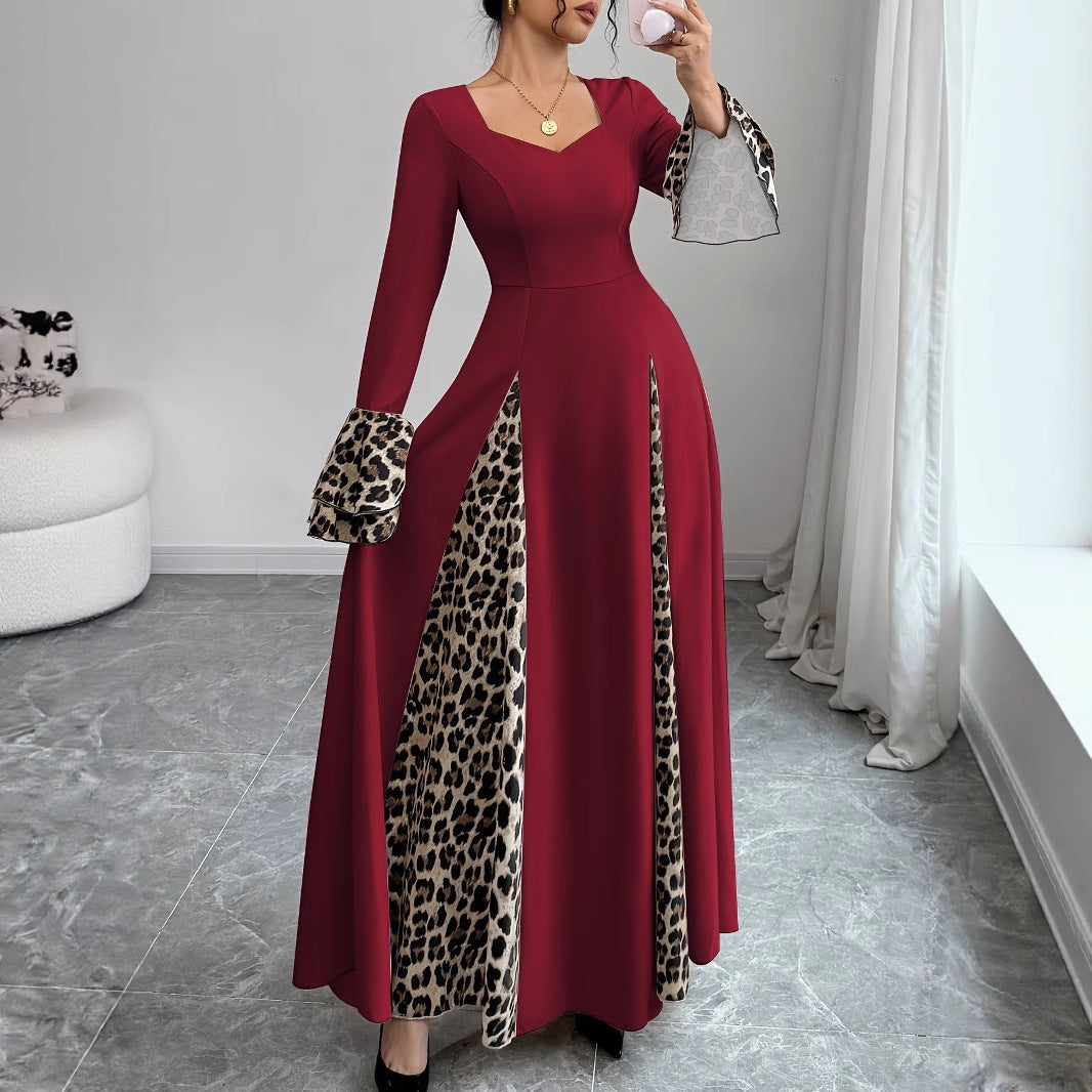 European And American Women's Clothing Leopard Print Contrast Color Long Dress
