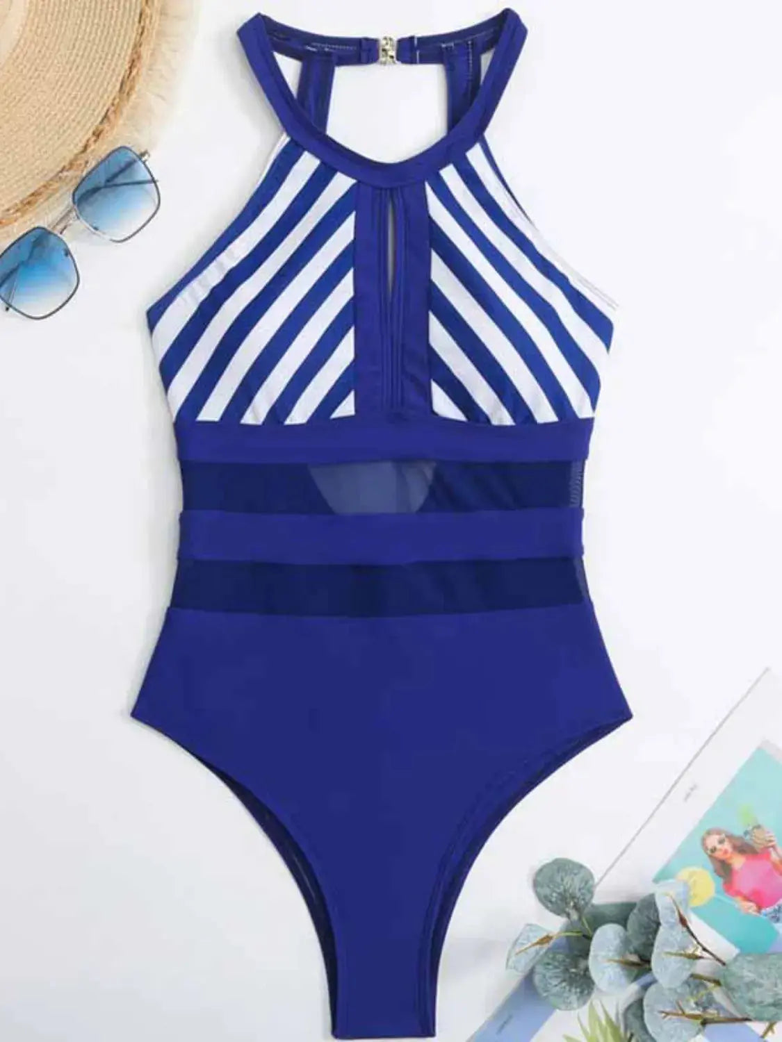 Mesh Cutout Striped Backless One Piece Swimsuit