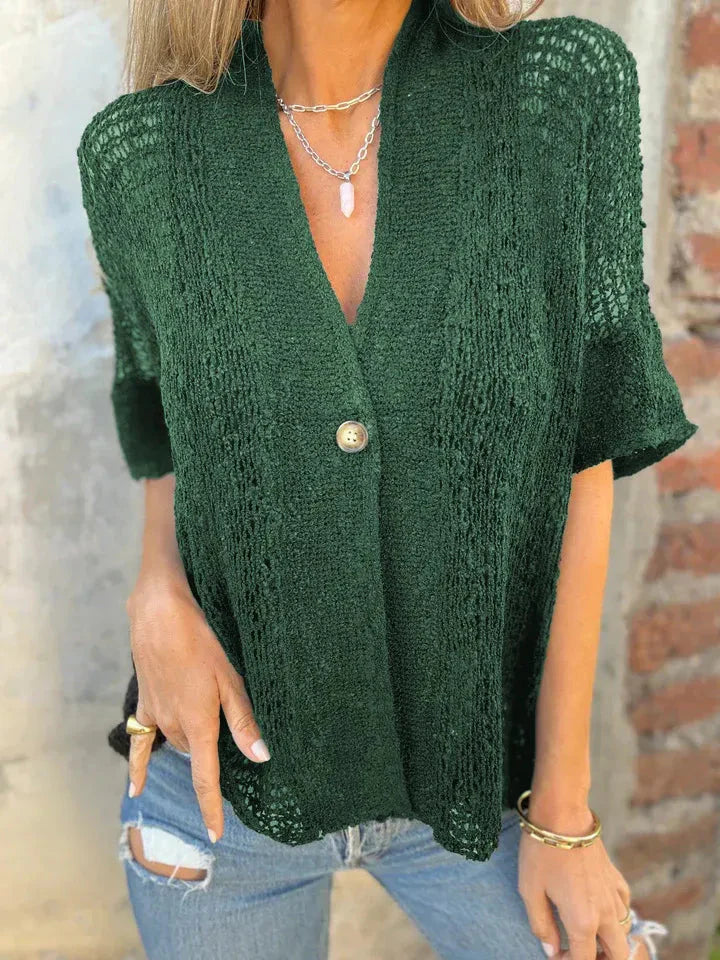 Full Size Knit Openwork One Button Cardigan