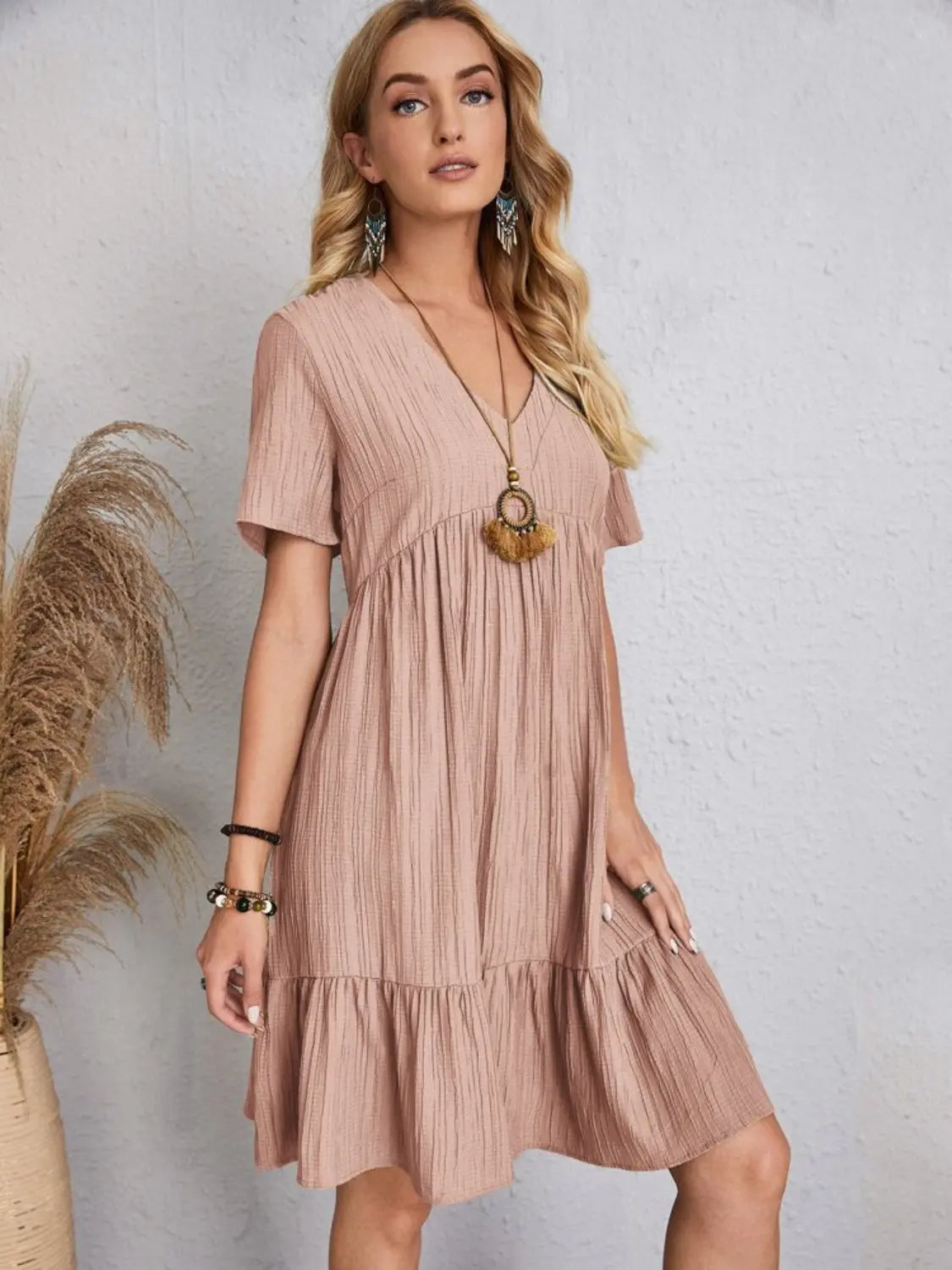 Boho Textured V-Neck Short Sleeve Babydoll Dress