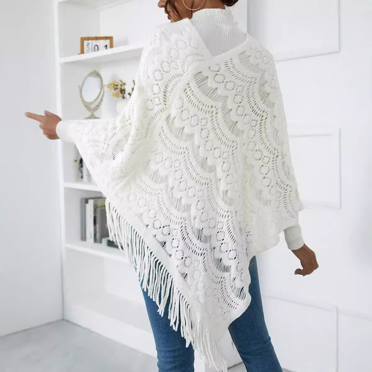 Women's Knitted Crocheted Hollow Irregular Tassel Pullover Sweater