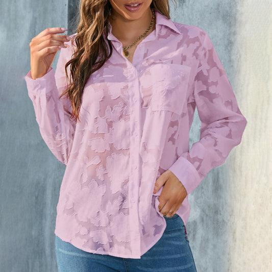 Womens Casual Sheer Button Down Shirts Long Sleeve V Neck Jacquard Blouses Tops