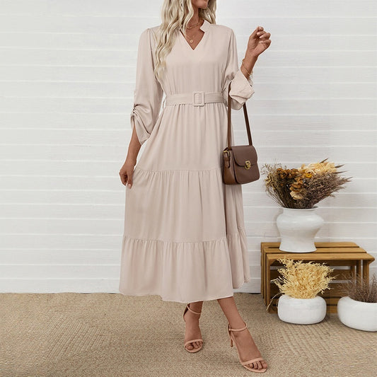 Simple Elegant Long Sleeve Solid Color Dress