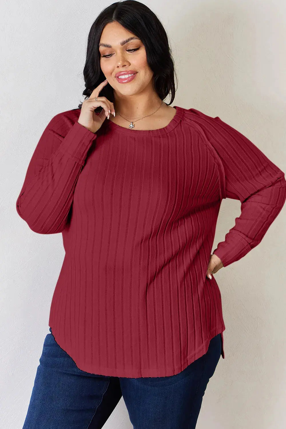 Basic Bae Ribbed Round Neck Slit Womens Long Sleeve T Shirt – Full & Plus Size