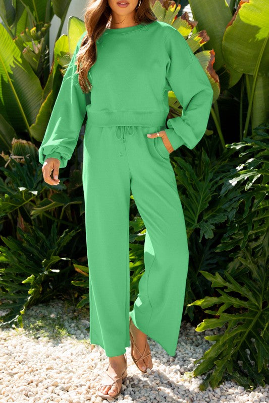 Solid Puff Sleeve Top and Drawstring Pants Set
