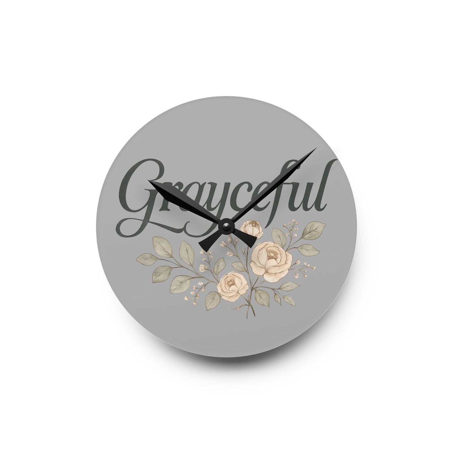 Gray Floral Acrylic Wall Clock, Grateful Home Decor, Modern Wall Art, Gift for Her, Office or Living Room