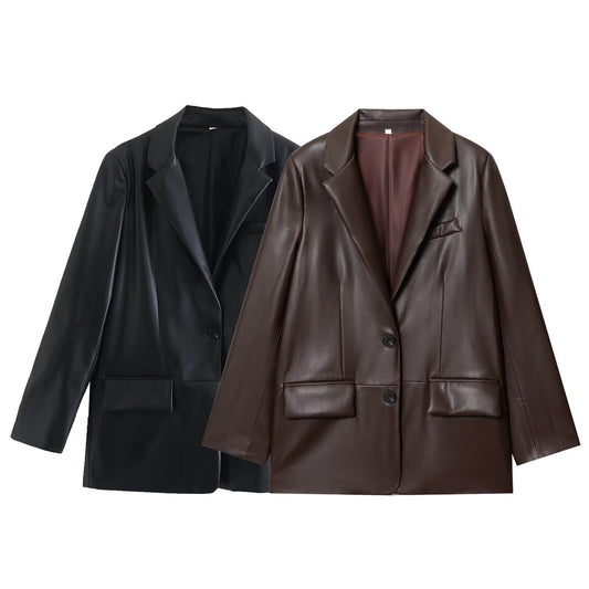 Simple Straight Leather Effect Blazer For Women
