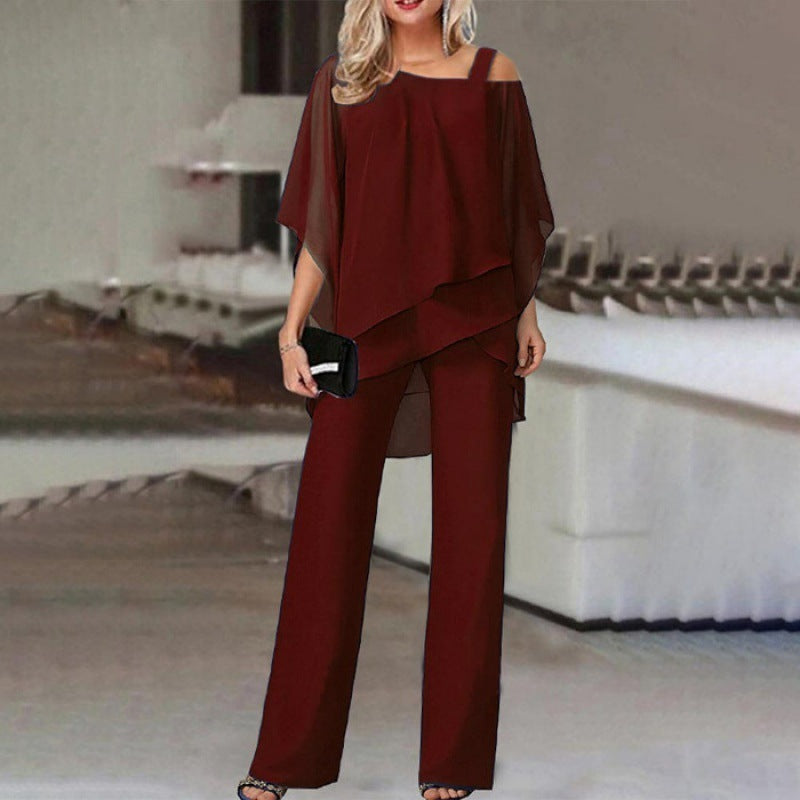 Solid Loose Irregular Suits Batwing Sleeve Top And Straight Trousers Set