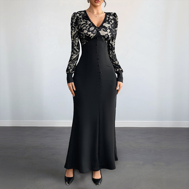 Retro V-neck Lace Stitching Long Sleeve Dress