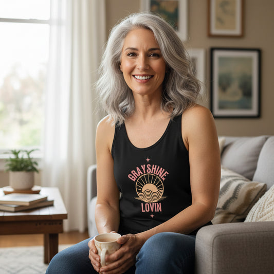 Black tank top with 'Grayshine Lovin' design on a white background