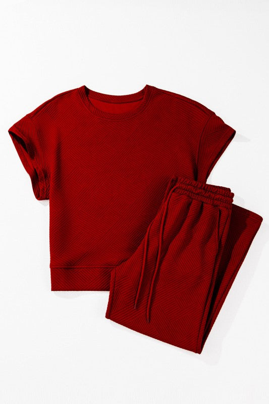 Solid Textured T-Shirt and Drawstring Pants Set