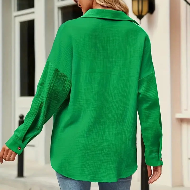 Women's Solid Color V-Neck Long Sleeve Blouse - Textured Button-Up Shirt, Casual & Minimalist Top For Spring&Fall