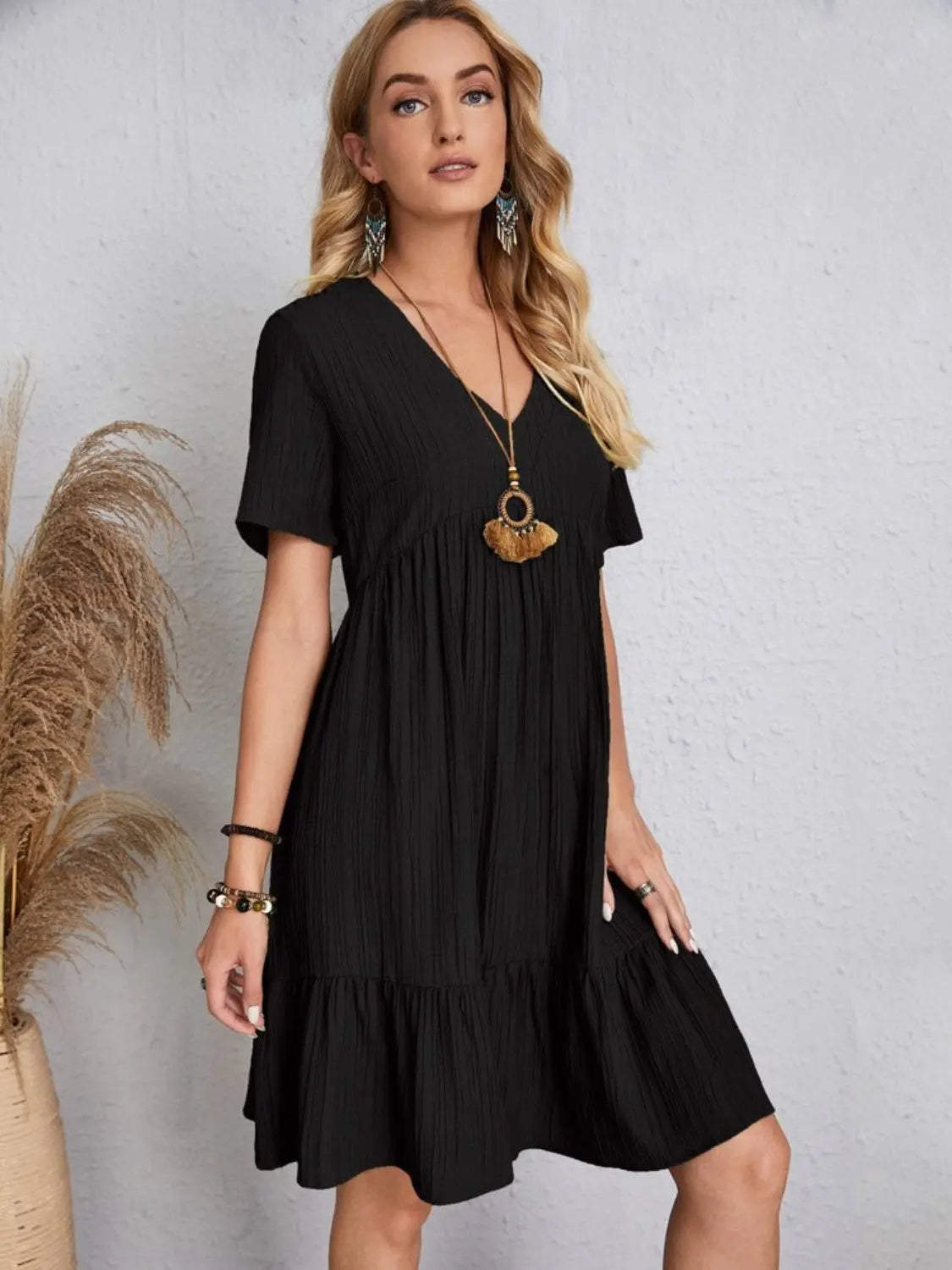 Boho Textured V-Neck Short Sleeve Babydoll Dress