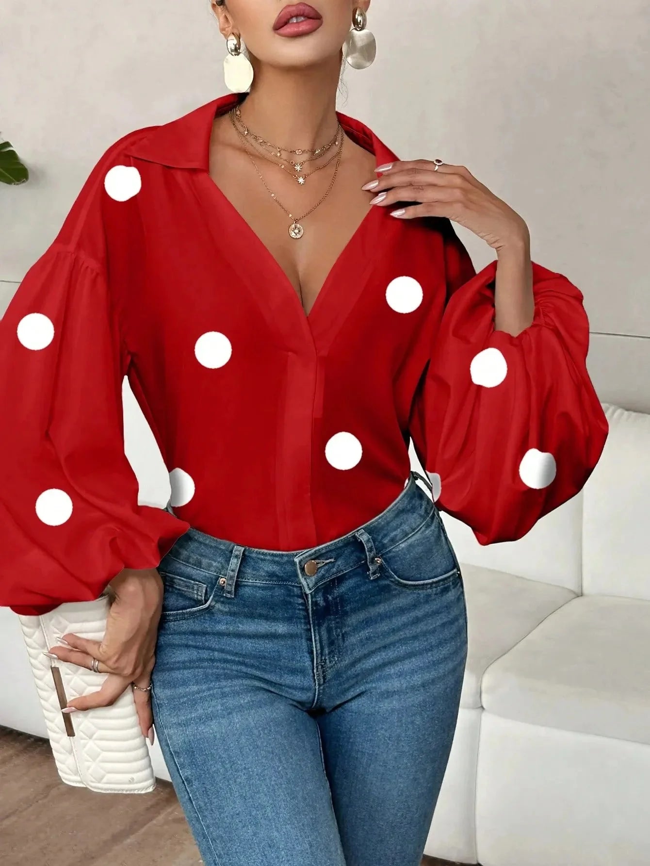 Oversized Polka Dot Balloon Sleeve Blouse