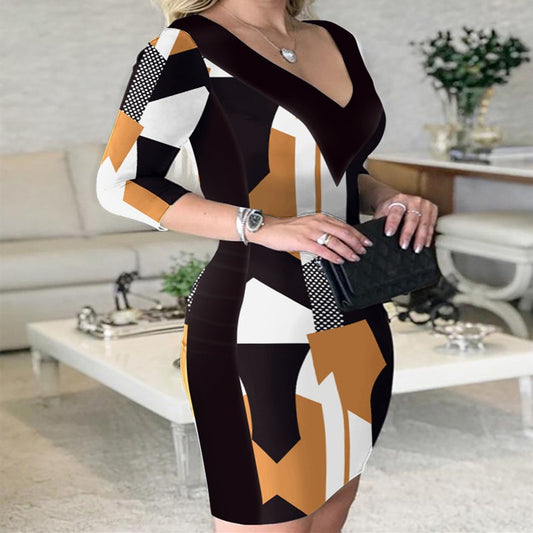 Printed Wrap Hip Skirt V-neck Dress